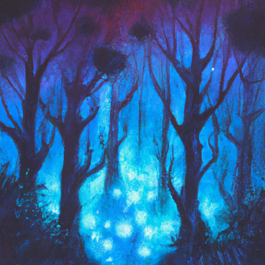 Cosmic Fog Forest: Holographic Gouache Illustration