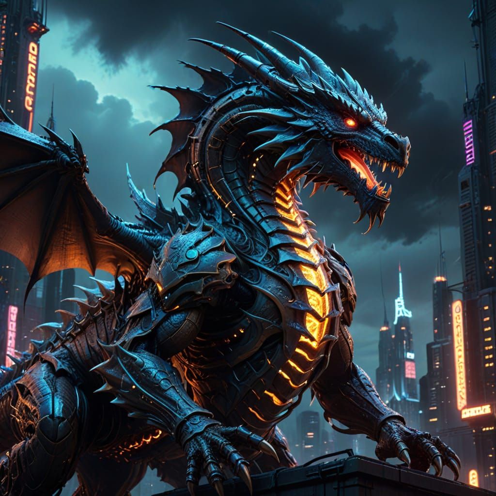 Biomechanical Dragon Coiling Around Futuristic City