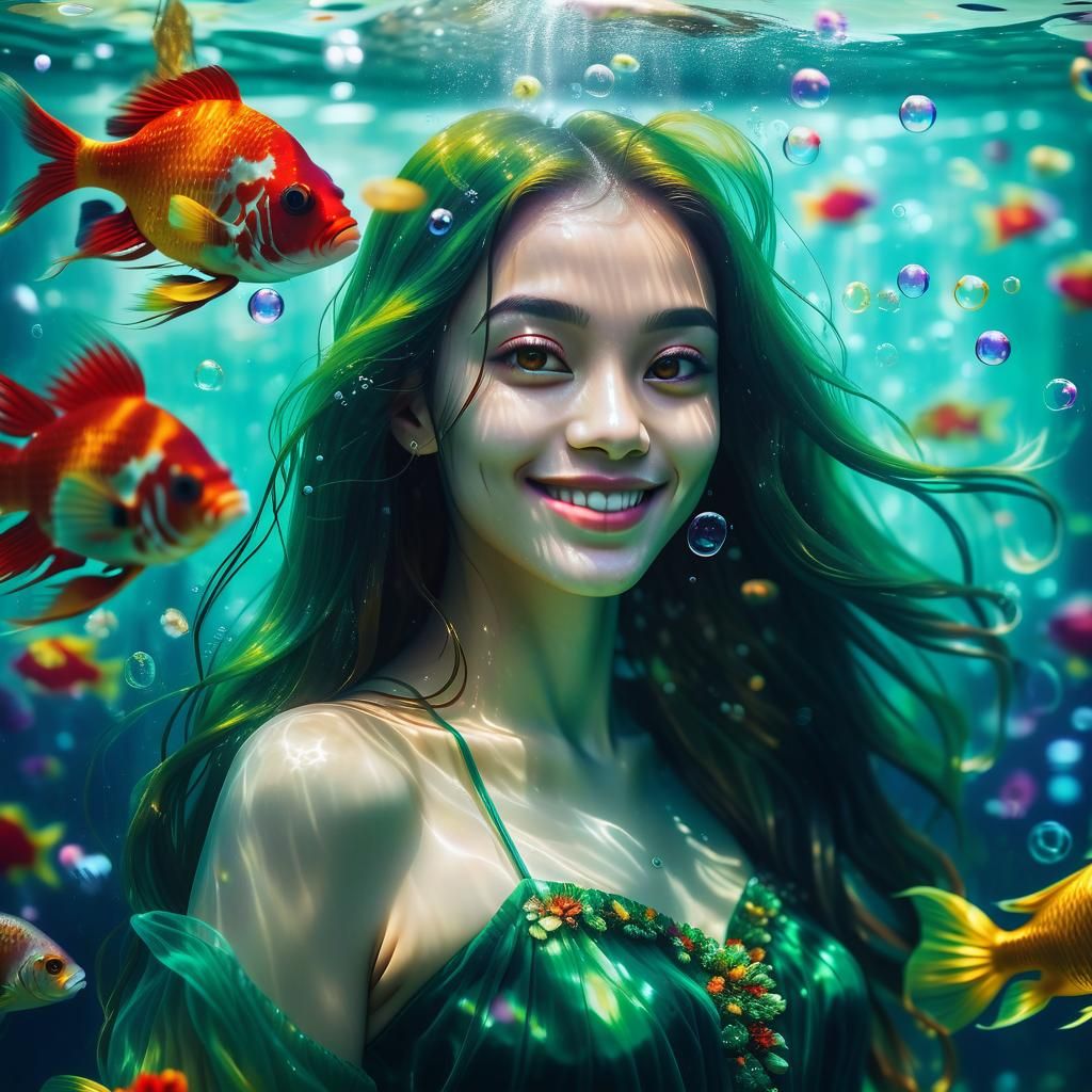 Underwater Portrait of Smiling Woman with Exotic Fish