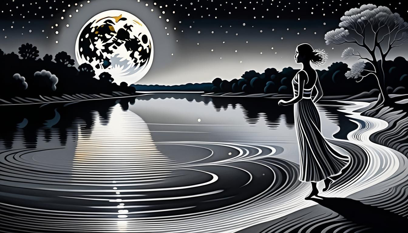 Dancer on Riverbank Under Moon in Impasto Style