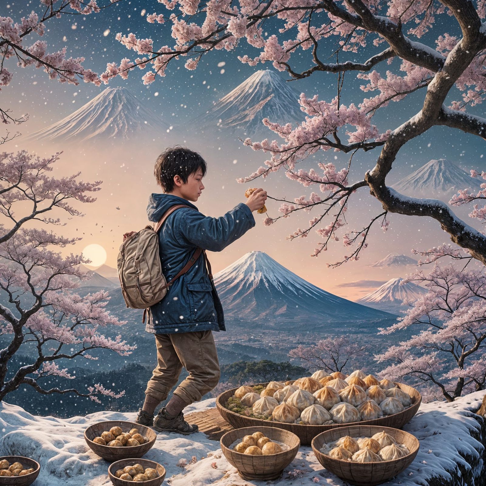 Boy Climbing Snowy Mount Fuji: Detailed Digital Painting
