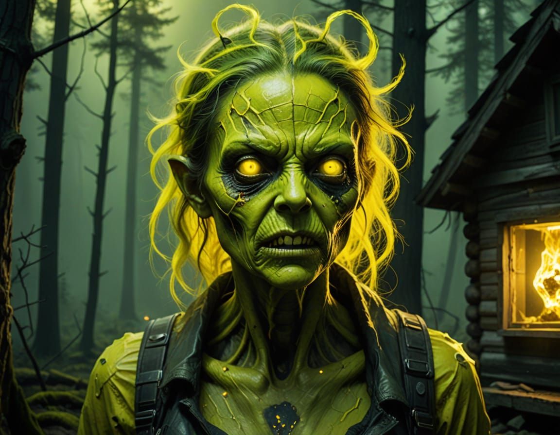 Radioactive Woman with Glowing Scars at Night