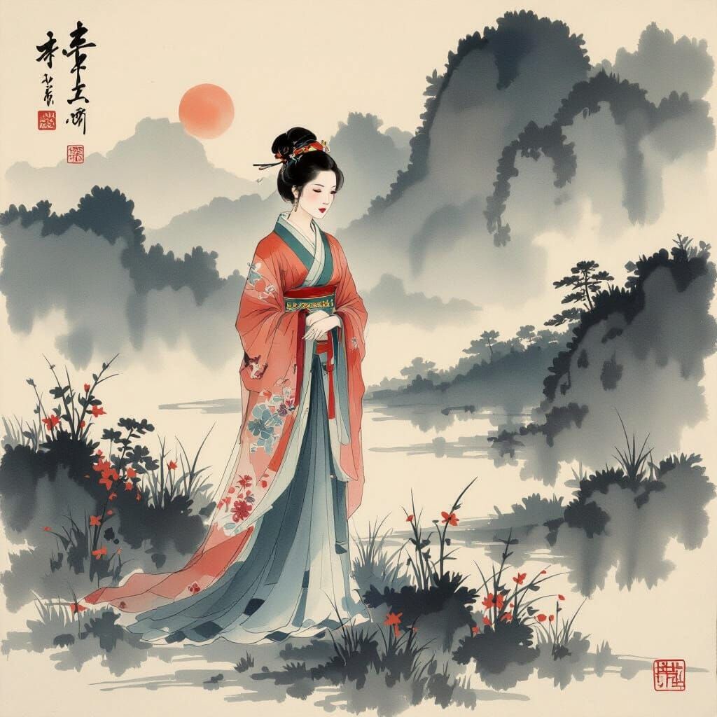 Woman in Traditional Attire: Colored Ink Wash Painting