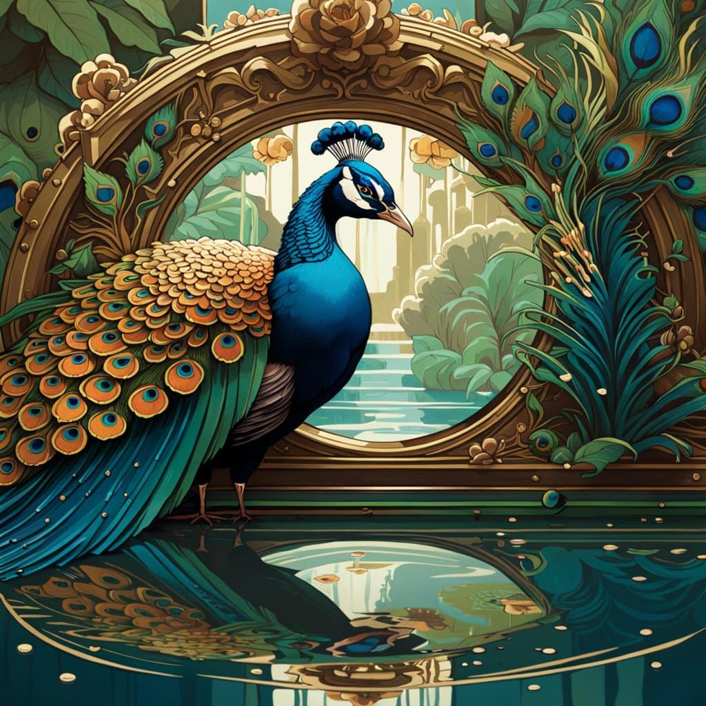 Peacock and Mirrored Reflection in Digital Art Style