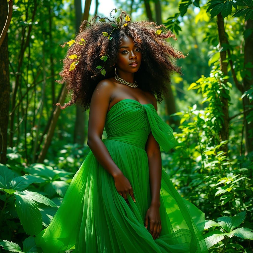 Earthy Forest Nymph in Vibrant Green Gown