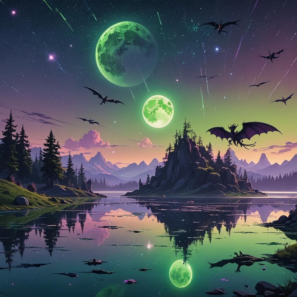 Dreamy Dragons Reflect in Glittery Lake