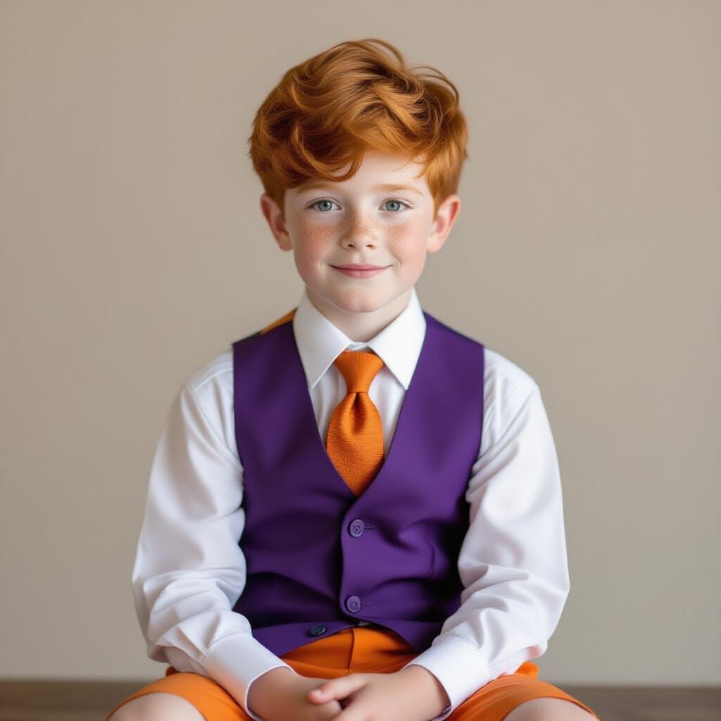 Handsome Boy in Purple Vest and Orange Shorts Portrait