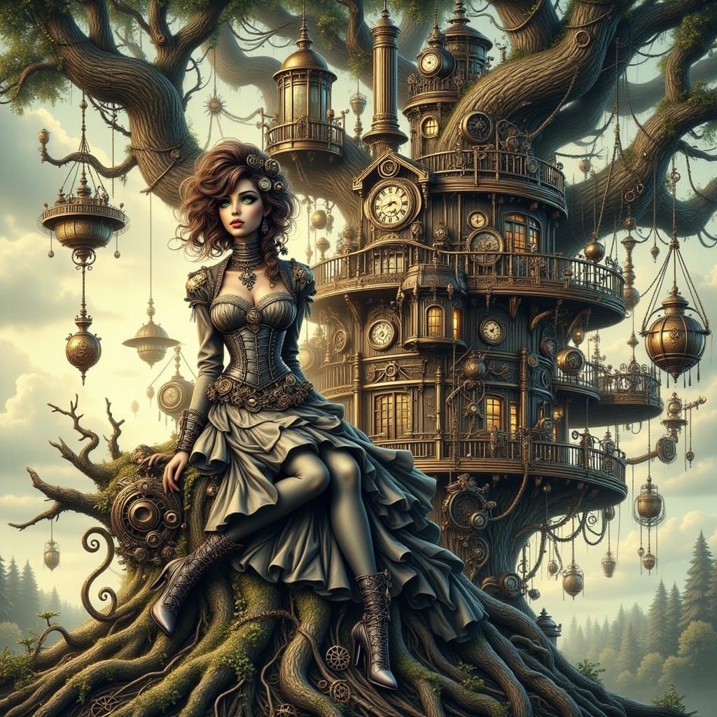 Elegant Steampunk Woman Amidst Whimsical Treehouse