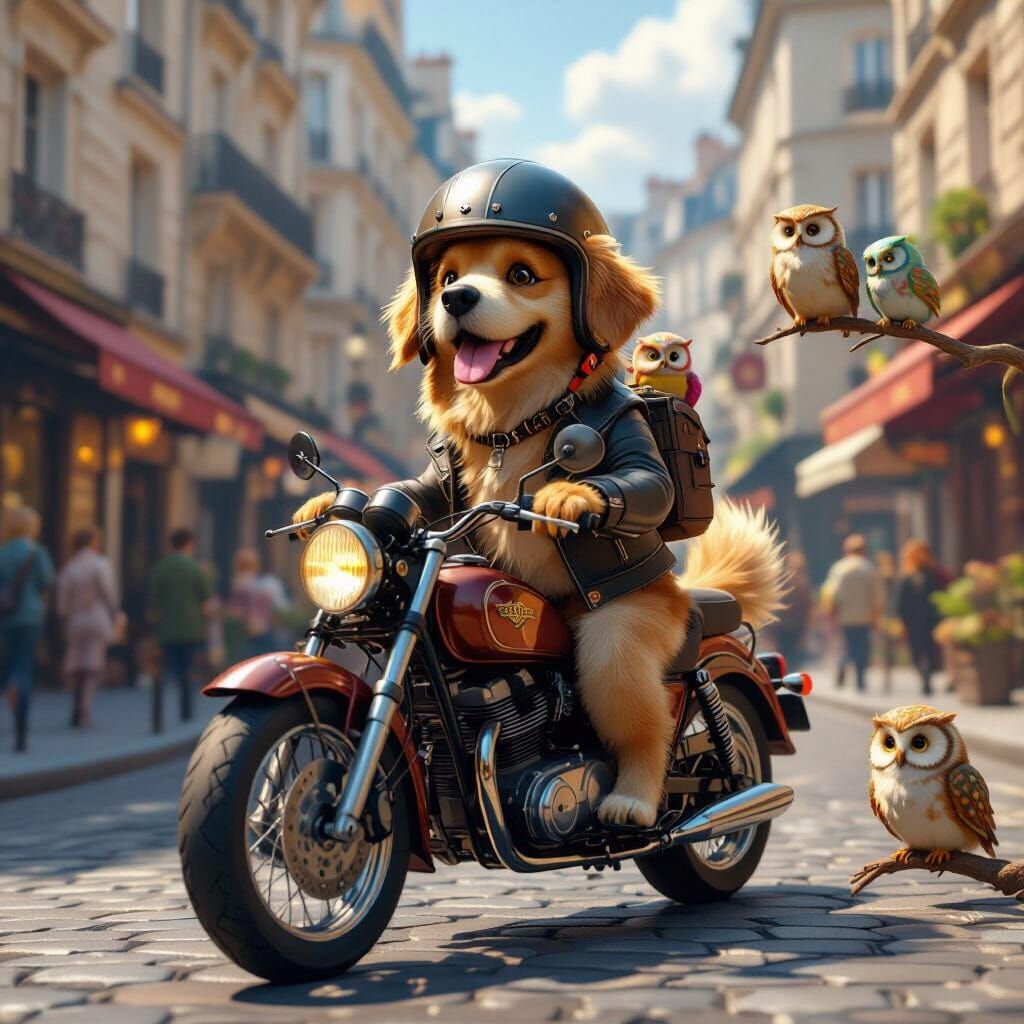 Golden Retriever Rides Motorcycle Through Paris in 3D Style