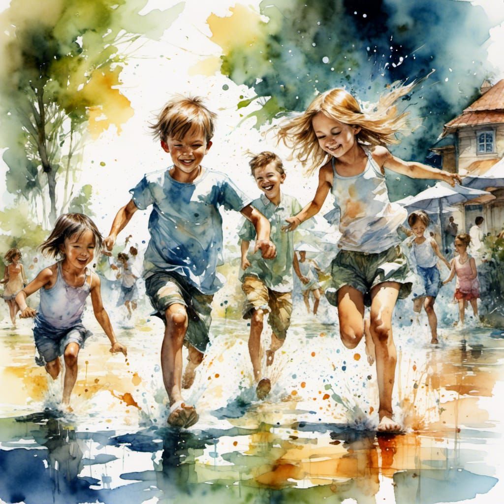 Children Playing in a Splash Pad: Watercolor Style