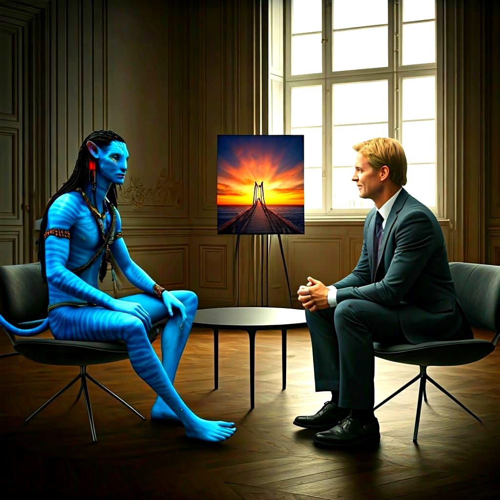 Na'vi and Human Share Peaceful Moment in Elegant Setting