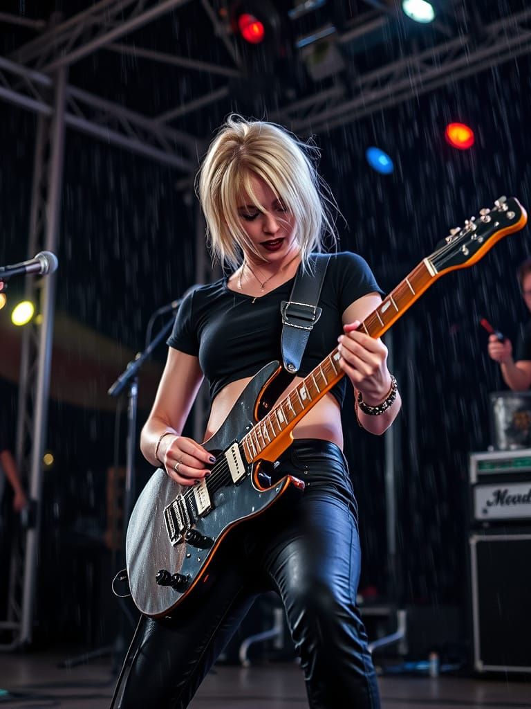 Electric Guitarist Performing on Rain-Soaked Stage