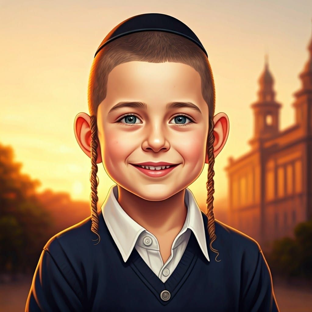 Young Haredi Hasidic Boy Smiles with Sweets in Hand, Sunset...