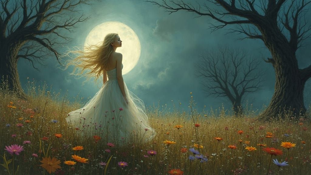 Moonlit Contemplation in a Wildflower Field