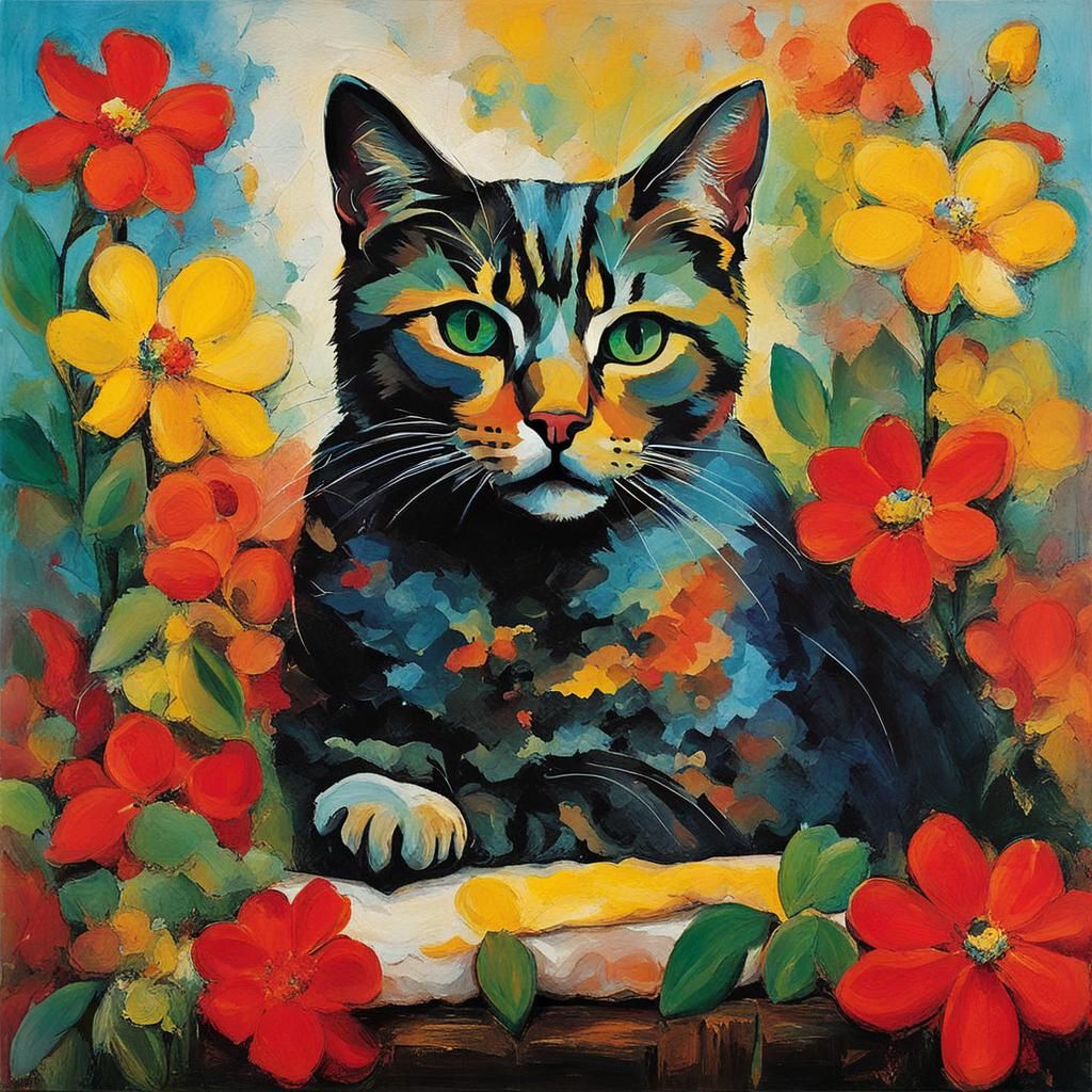 Abstract Cat on Pillow in Expressionist Style