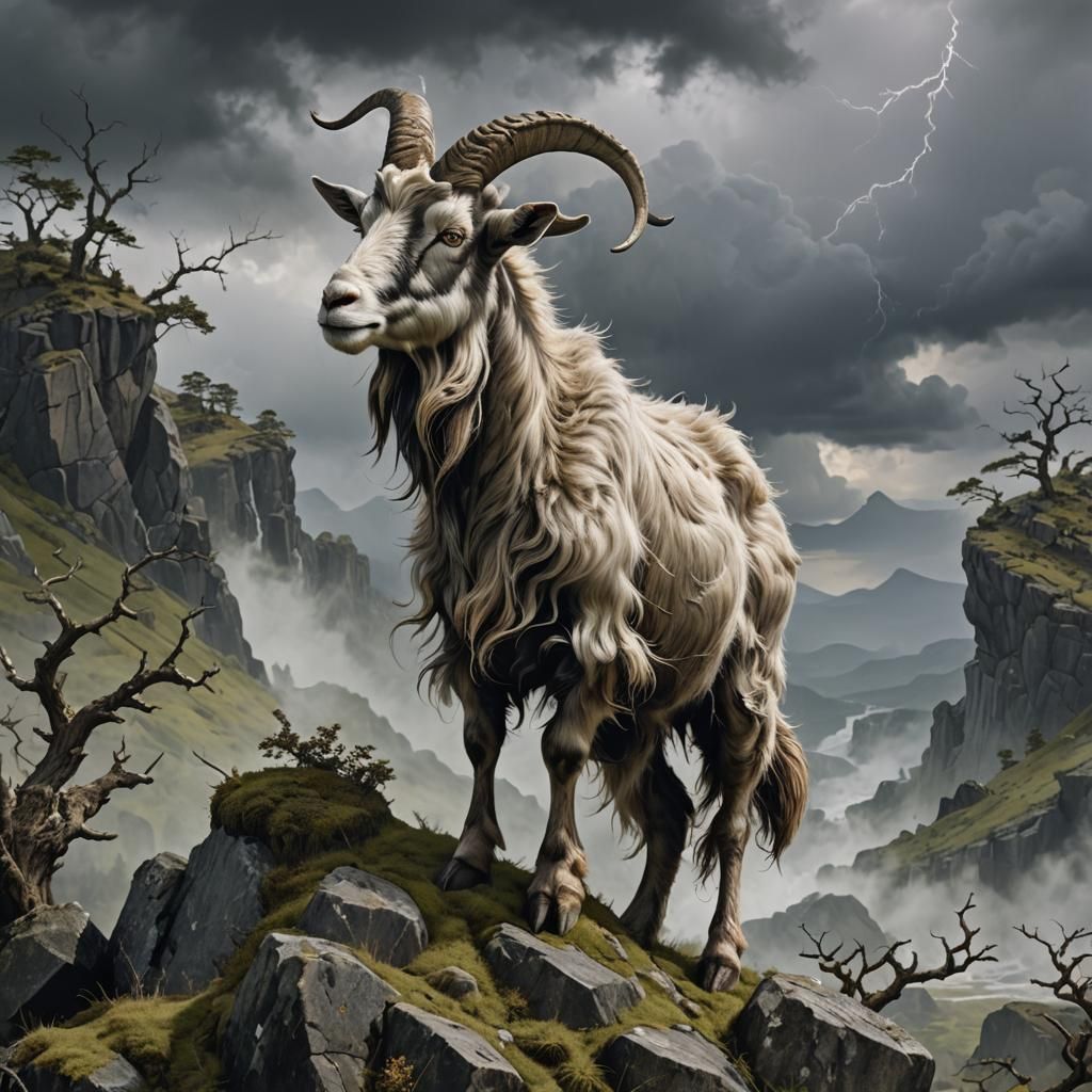 Defiant Goat in Stormy Landscape, Hyperrealistic HDR