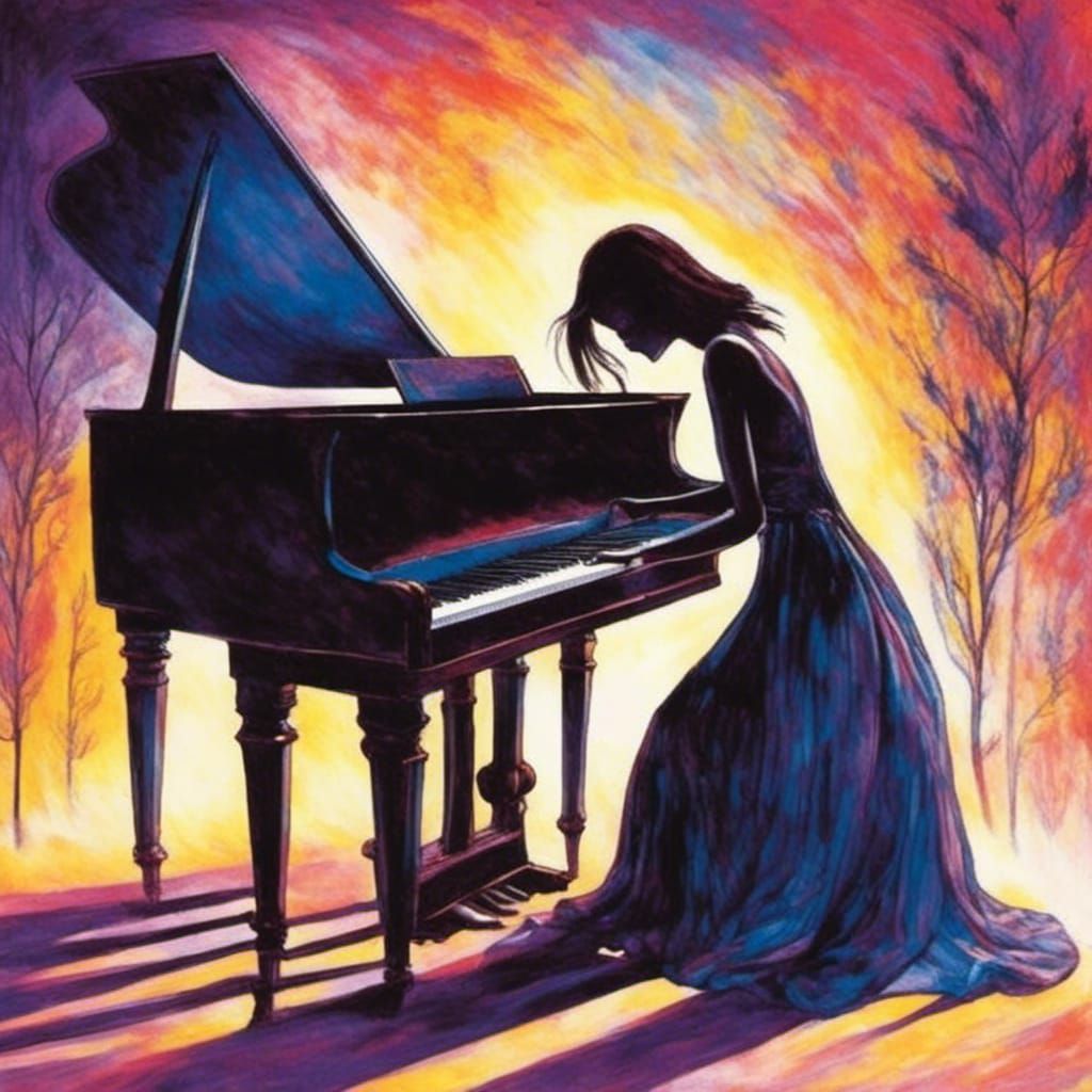 Silhouette of Woman Playing Piano in Vibrant Colors