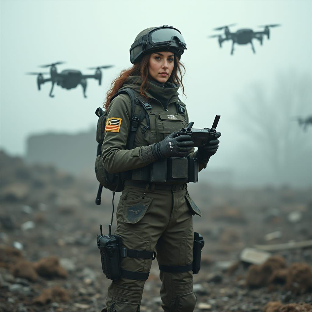 Ukrainian Drone Operator in Battlefield, Gritty Realism