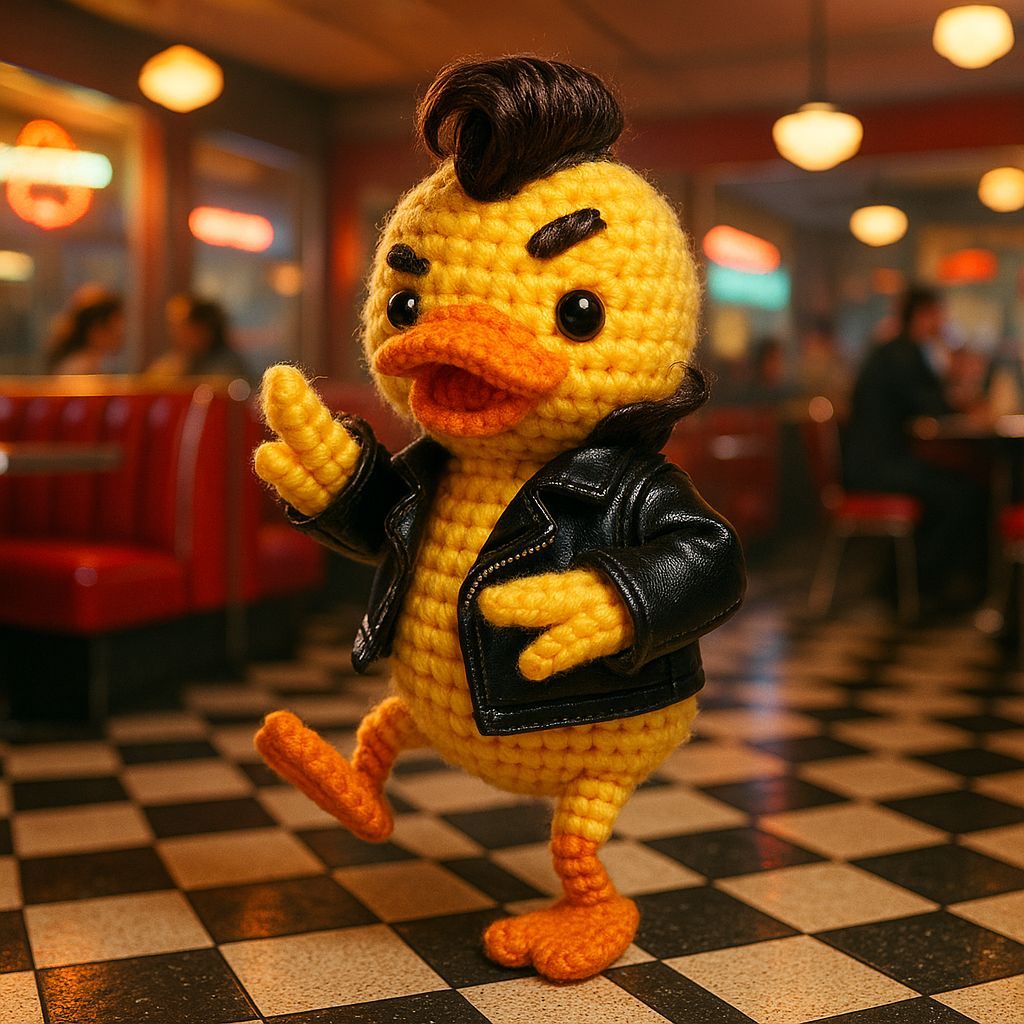Dancing Duckling Amigurumi in 1950s Diner