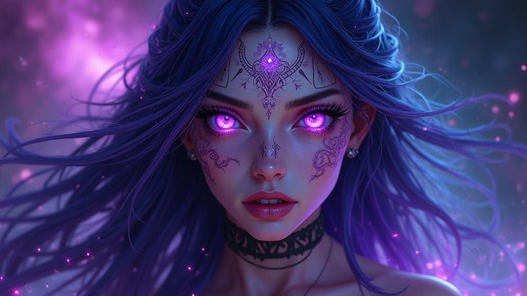 Mysterious Sorceress with Runes and Nebulae Backdrop