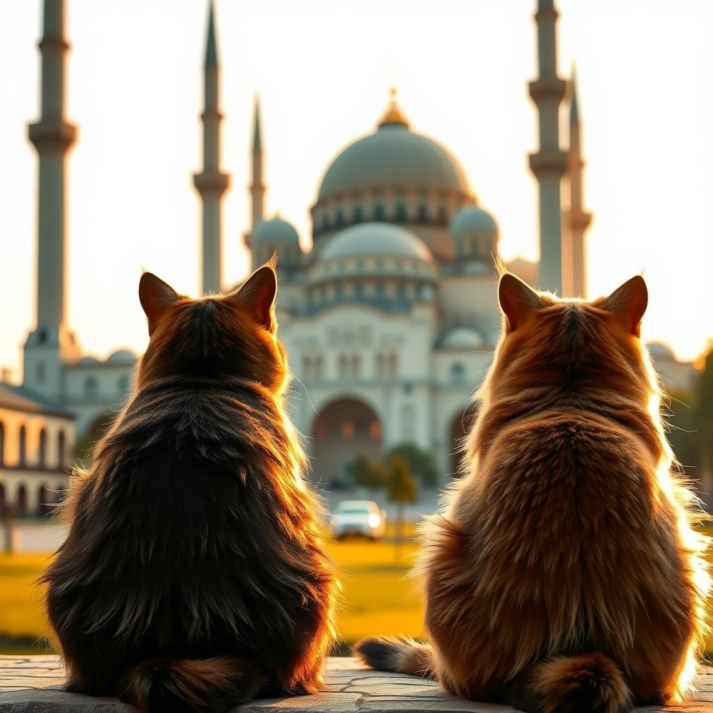 Cats Gazing at Mosque in Golden Sunlight