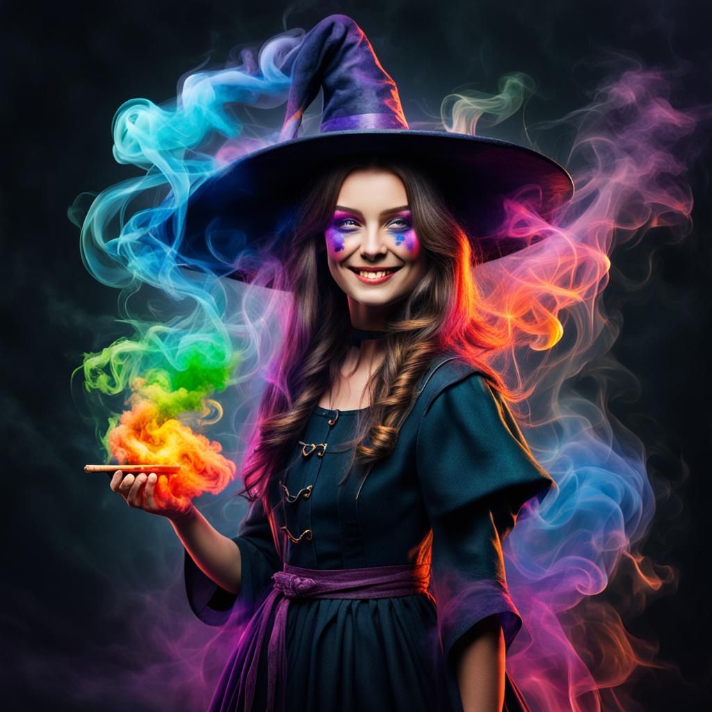 Happy Witch Apprentice Surrounded by Colorful Smoke