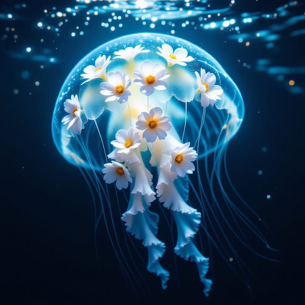 Bioluminescent Jellyfish Adorned with Porcelain Flowers