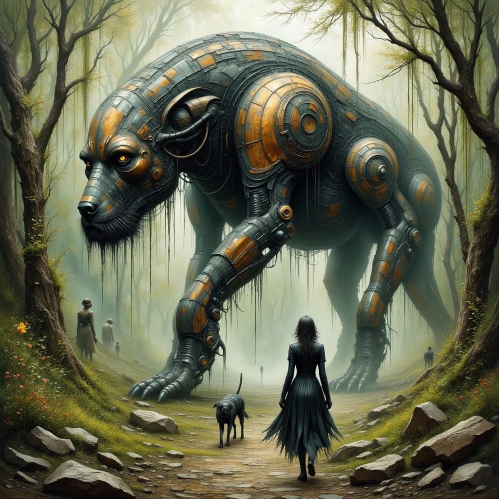 Cyborg Walks Robot Dogs in Dystopian City