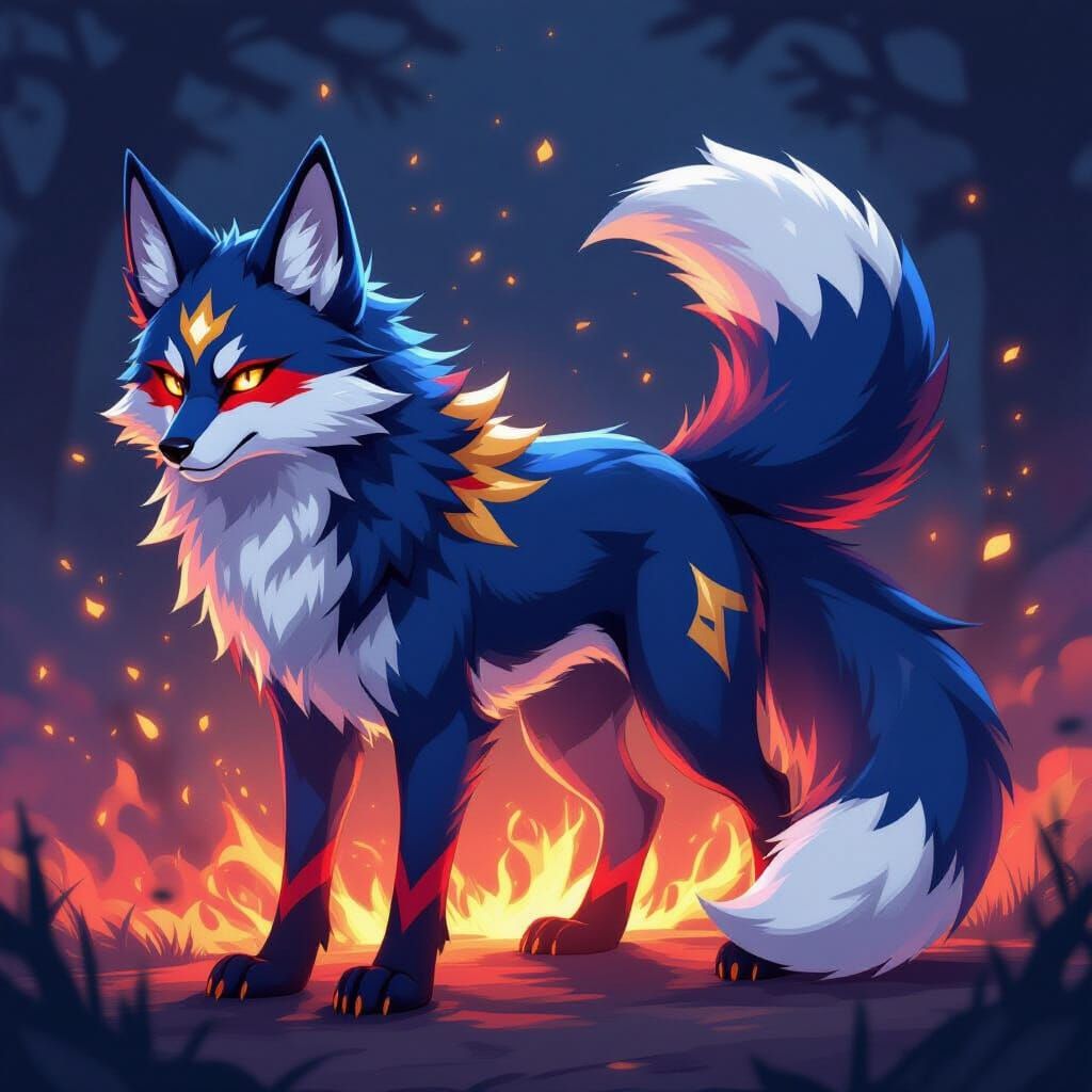 Anime Wolf-Fox Hybrid with Blue Red Gold and White Markings