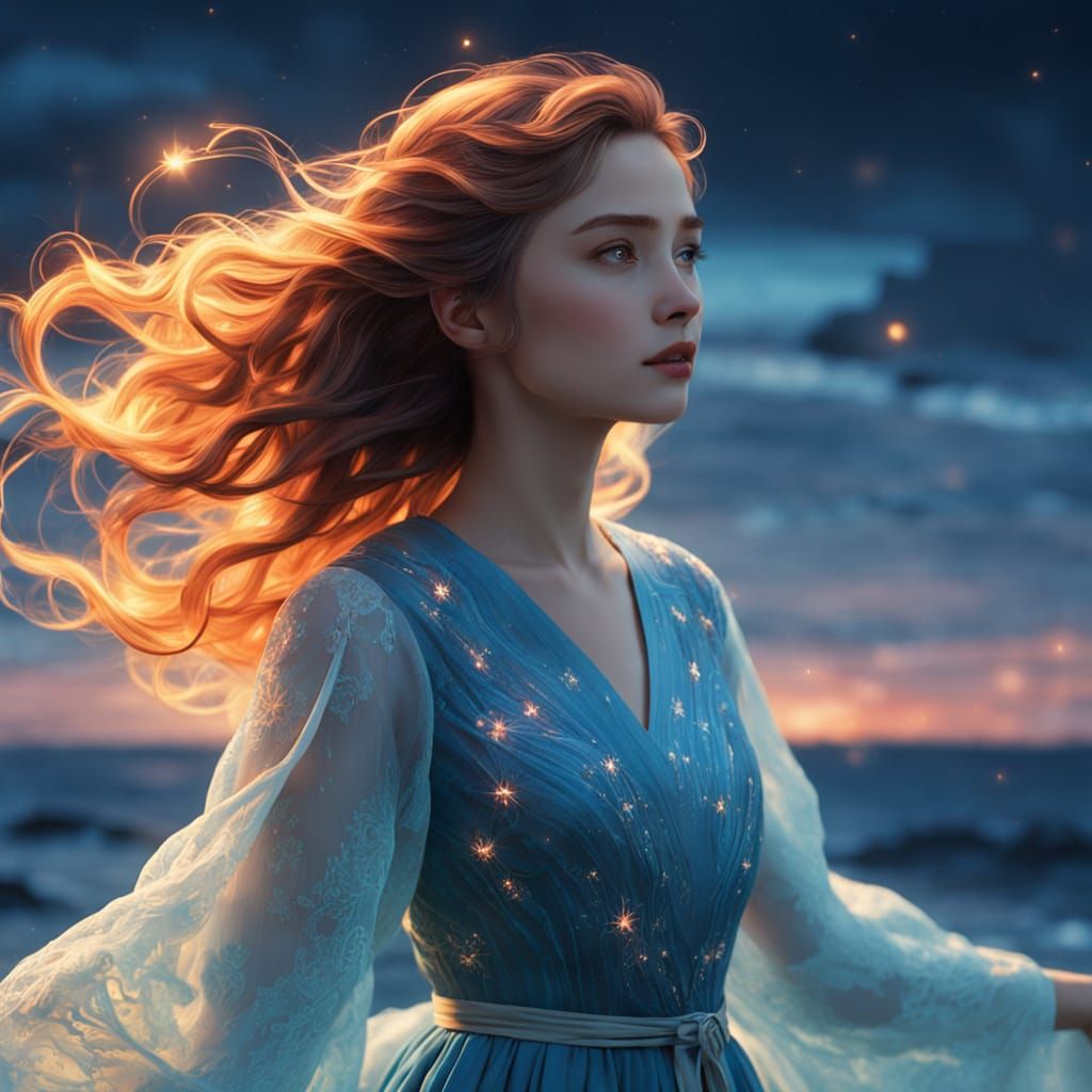 Woman by Ocean Under Stars, Miyazaki Style