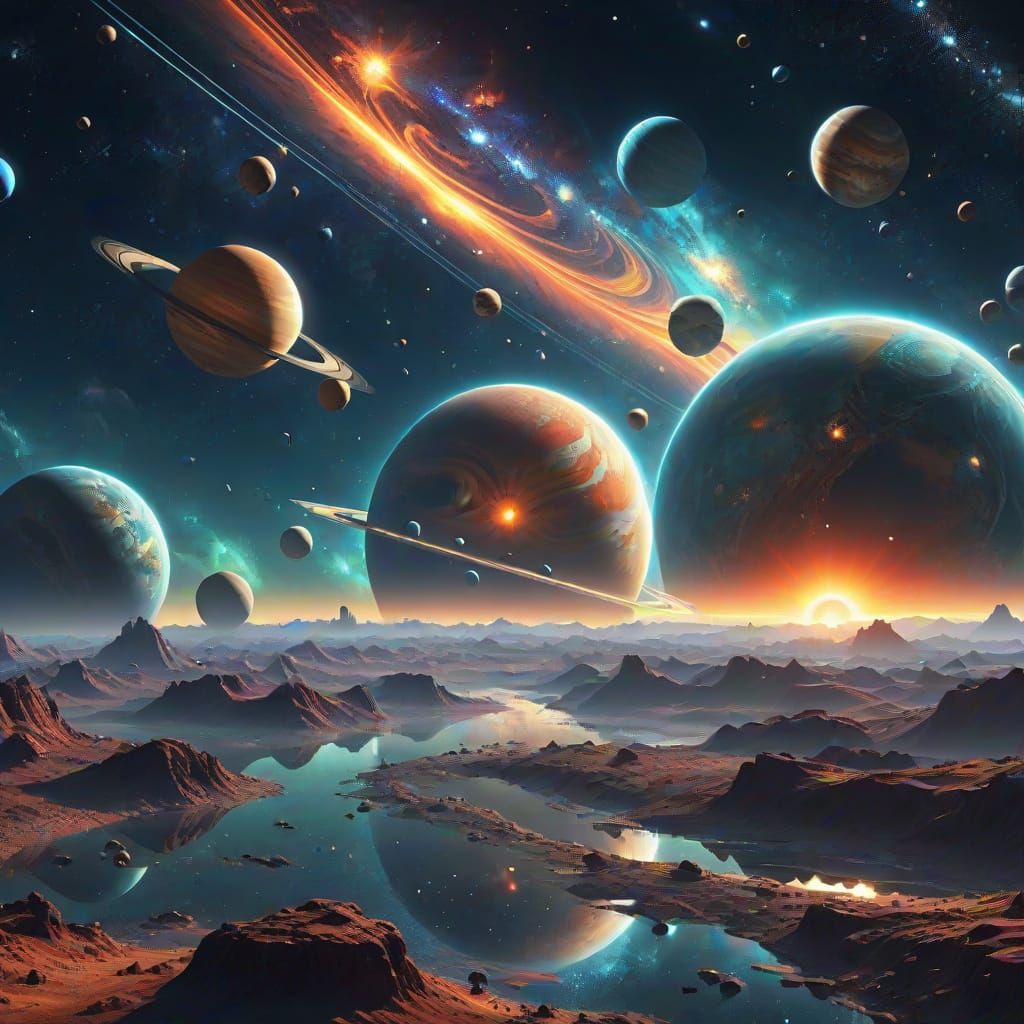 Celestial Parade Over a Majestic World in Vibrant Digital Ar...