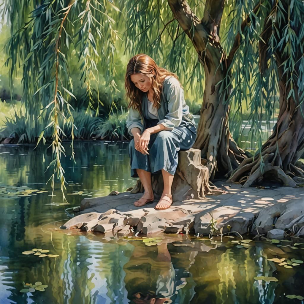 Woman Kneeling by Pond Under Willow: Watercolor Painting