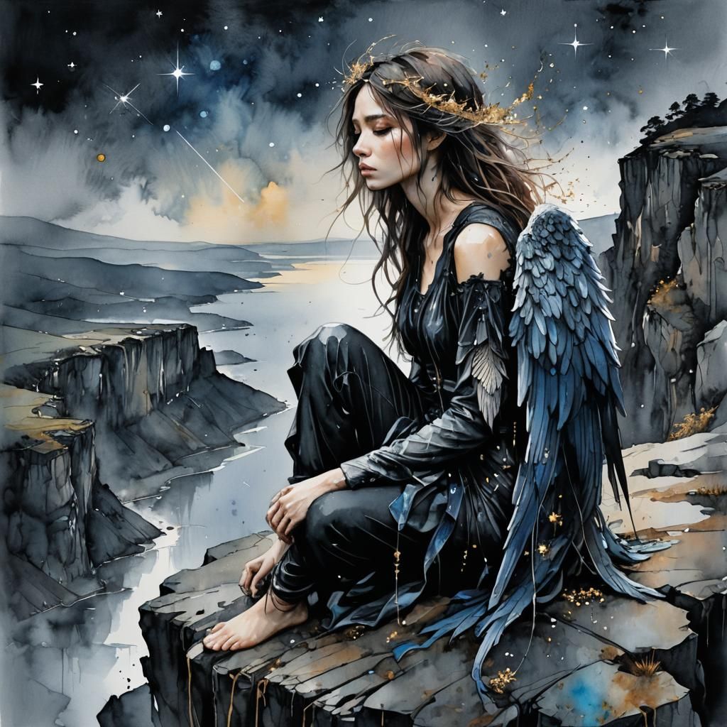 Melancholic Angel in Moody Watercolor Landscape