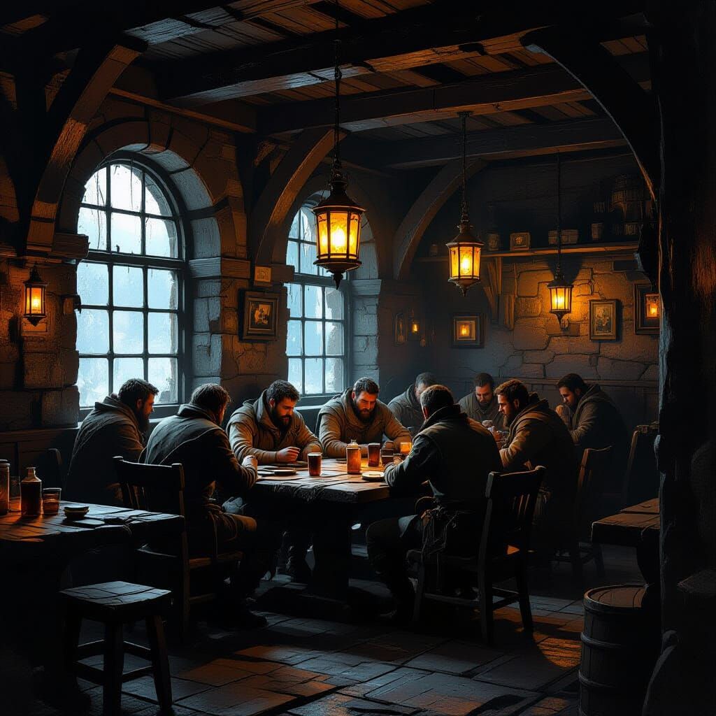 Smoky Tavern Interior with Patrons in Dark Fantasy Art Style