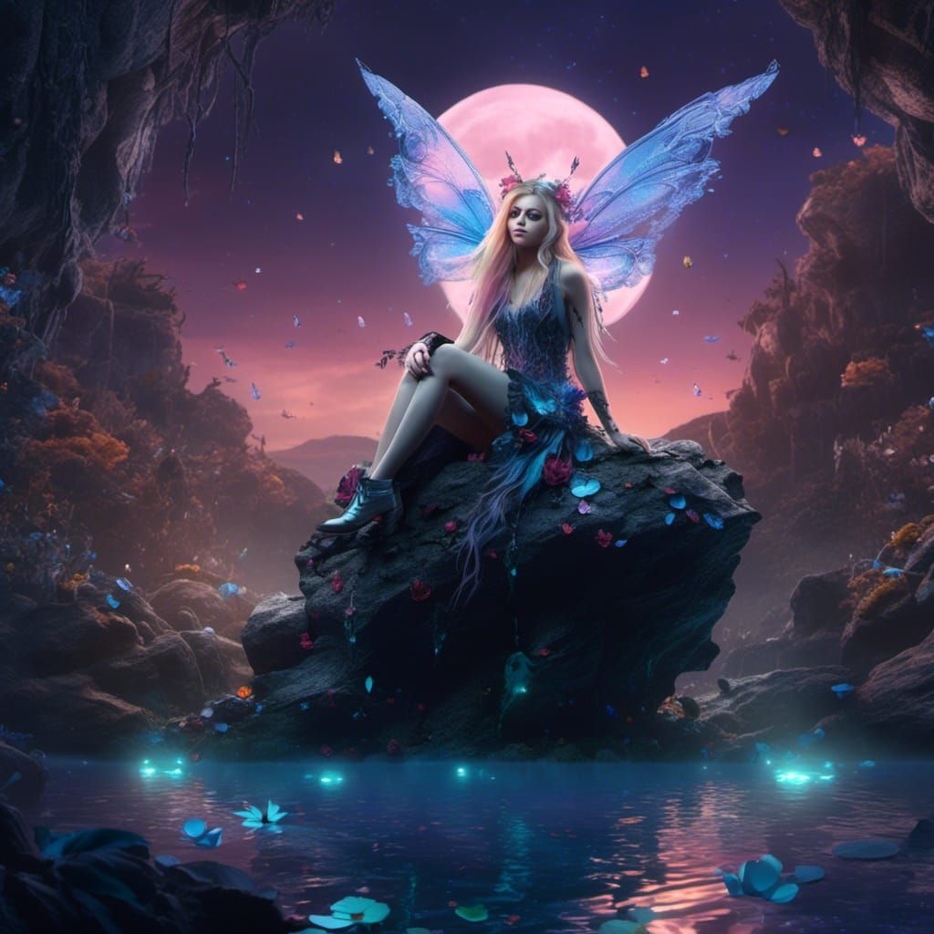 Hyperrealistic Avril Lavigne as Fairy in Moonlight