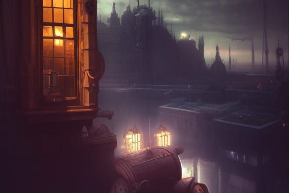 Steampunk Cityscape in Hyperrealistic Style