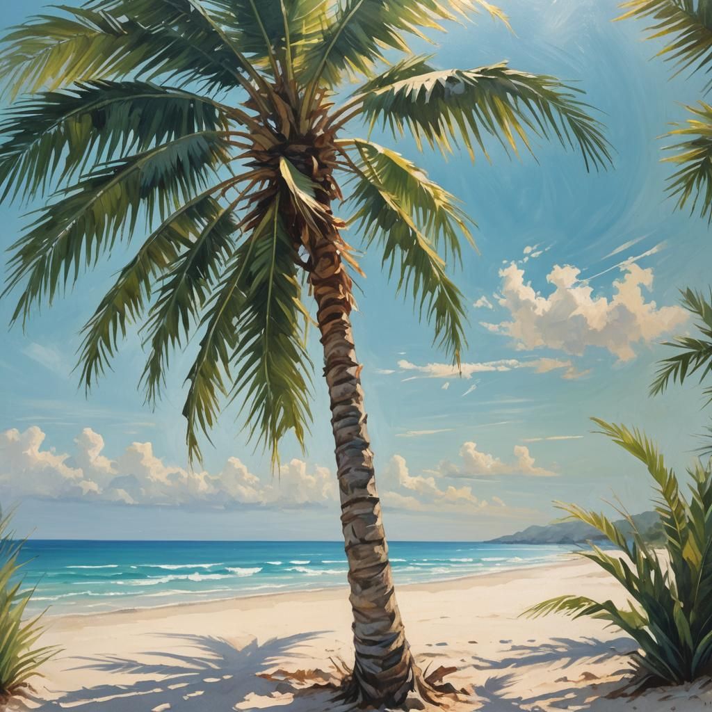 Tropical Palm Tree Painting on White Sand Beach