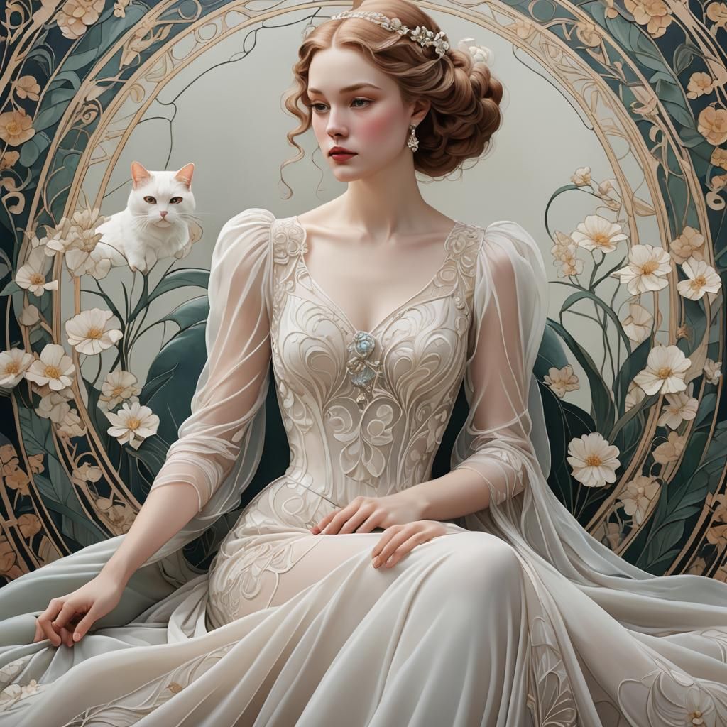 Elegant Lady with White Cat in Art Nouveau Style