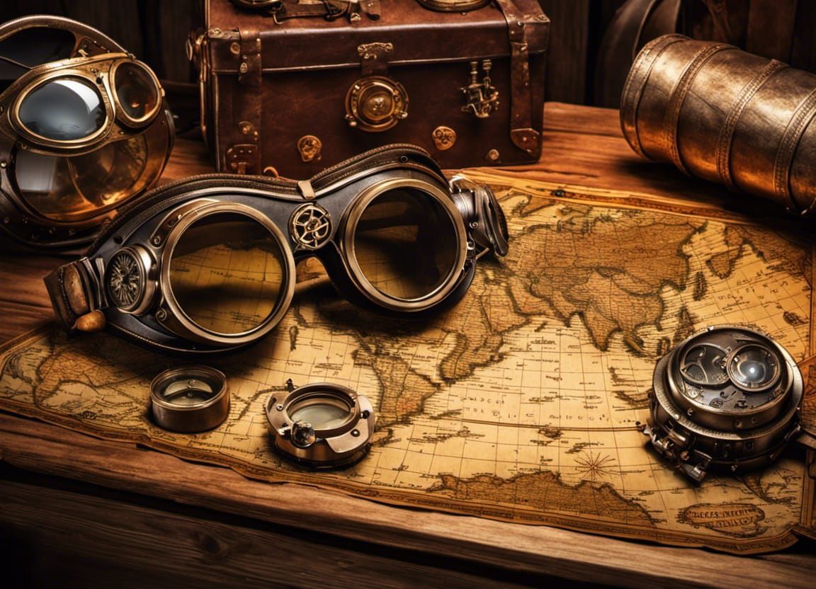 Steampunk Goggles and Gadgets on a Map Table