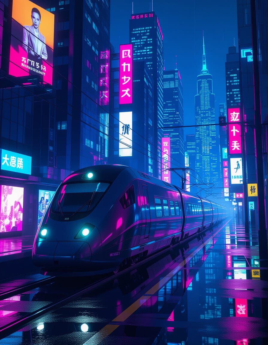 Futuristic Train in Neon Cyberpunk Cityscape