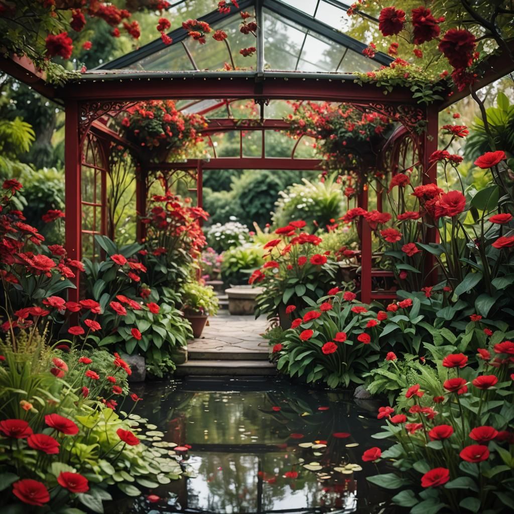 Red Floral Garden Room with Water Feature