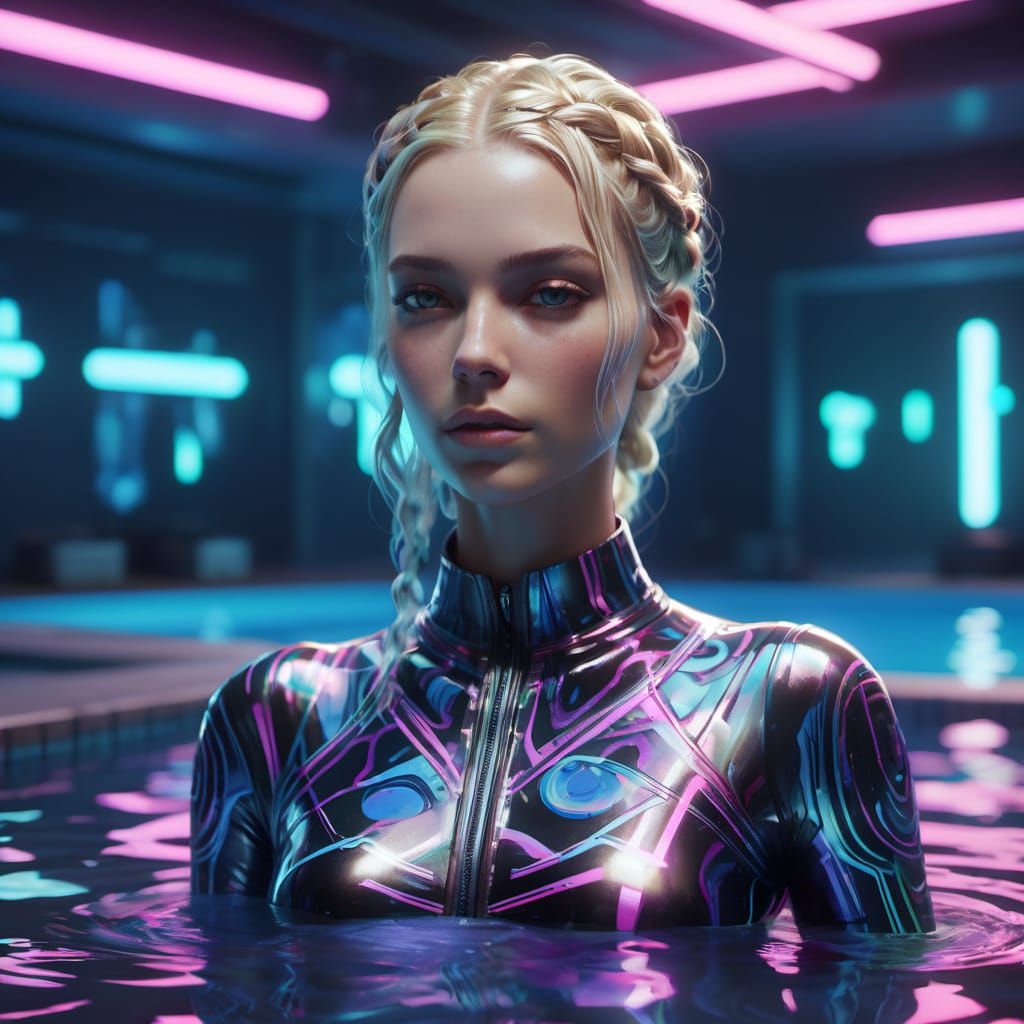 Cyberpunk Goddess in Neon-Lit Pool