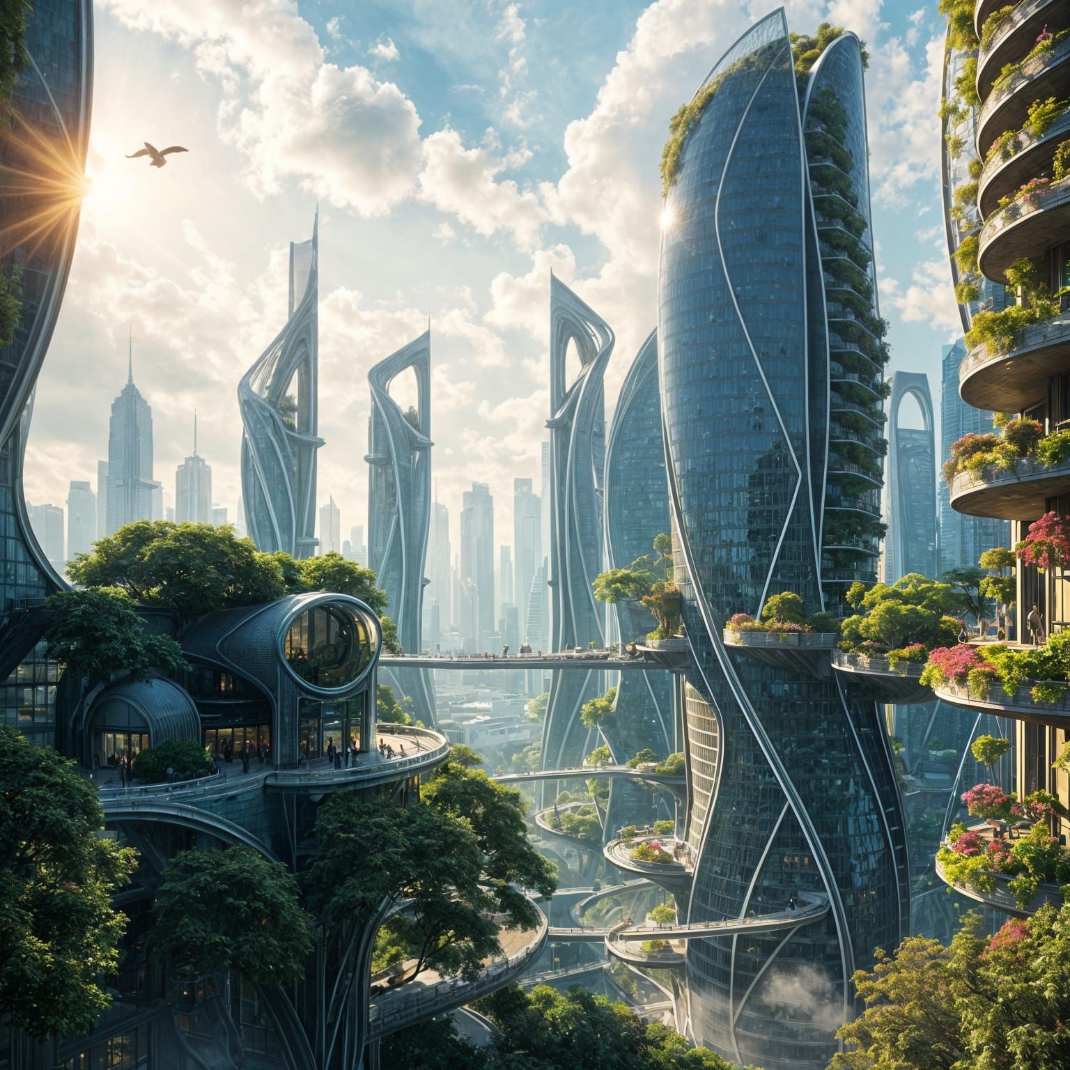 Ethereal Futuristic Cityscape in Glass and Morning Light