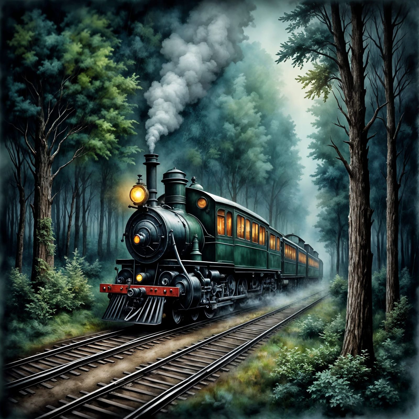 Mysterious Nighttime Train Ride Through a Dense Forest in an...