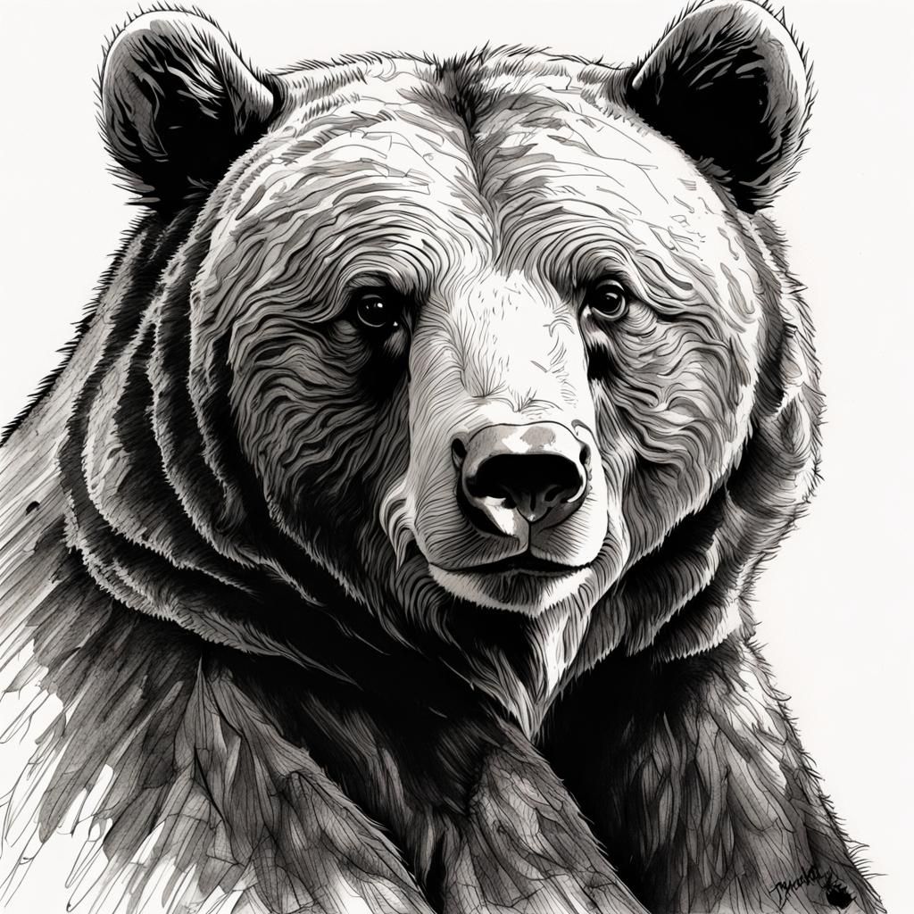 Sad Grizzly Cub Portrait in Black-Ink Sketch