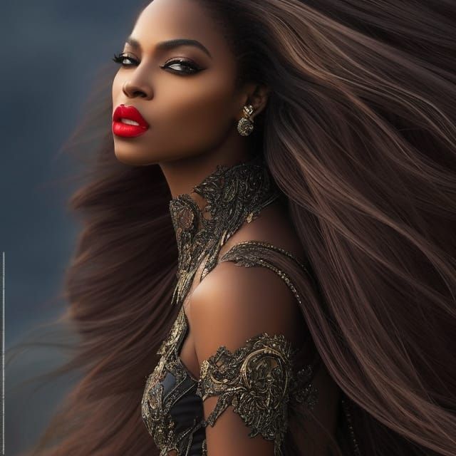 Elegant Black Woman with Flowing Hair, Fantasy Art