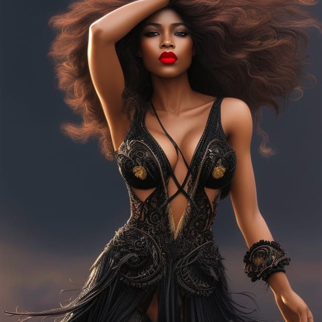 Elegant Black Woman with Flowing Hair: Fantasy Art