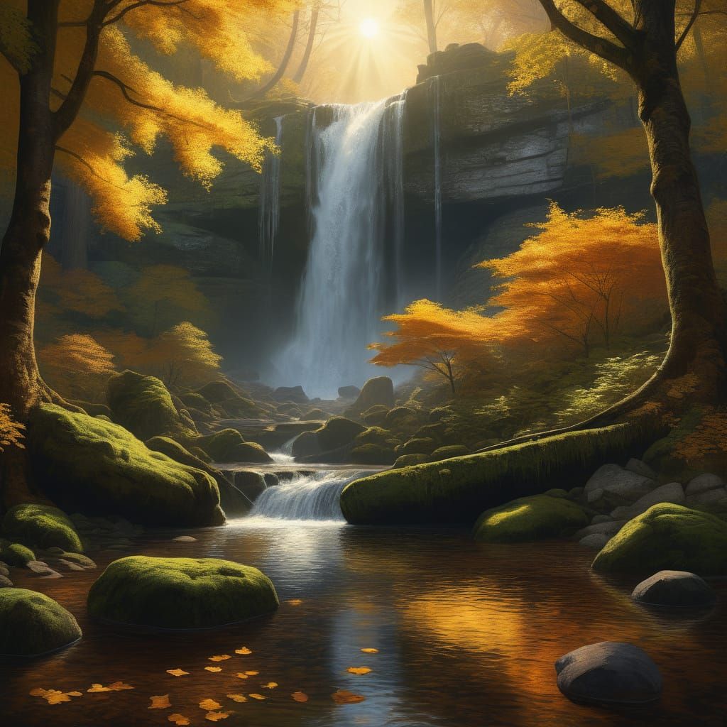 Majestic Autumn Waterfall in Golden Hour Light