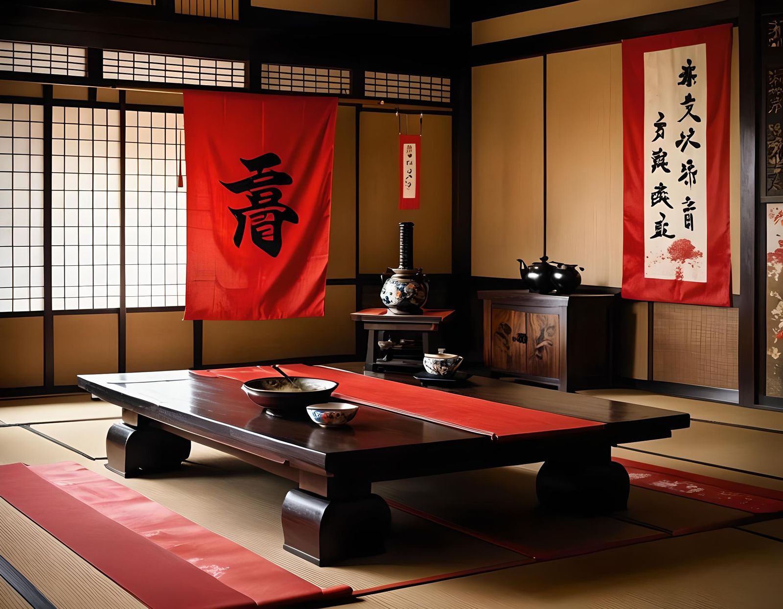 Samurai and Geisha in Japanese Tea Room