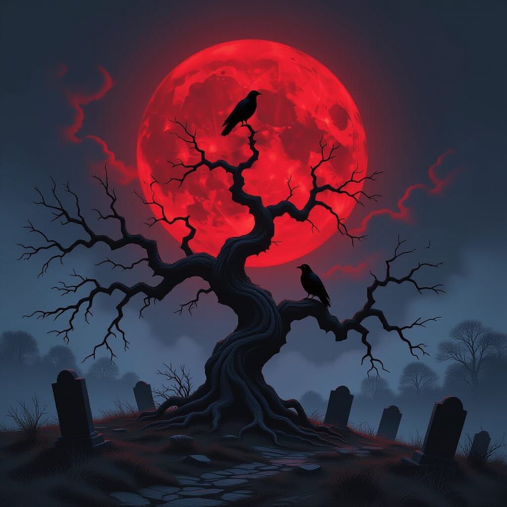 Gnarled Tree Silhouette Against Blood Moon in Gothic Horror ...